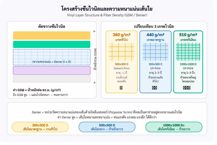 อินโฟกราฟิกโครงสร้างชั้นไวนิลและเปรียบเทียบ 3 เกรด 360g 440g 510g หาดใหญ่