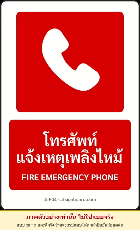ป้ายอุปกรณ์ดับเพลิง โทรศัพท์แจ้งเหตุเพลิงไหม้ FIRE EMERGENCY PHONE รหัส A-F04 แอทไซน์บอร์ด หาดใหญ่ (ภาพตัวอย่าง)