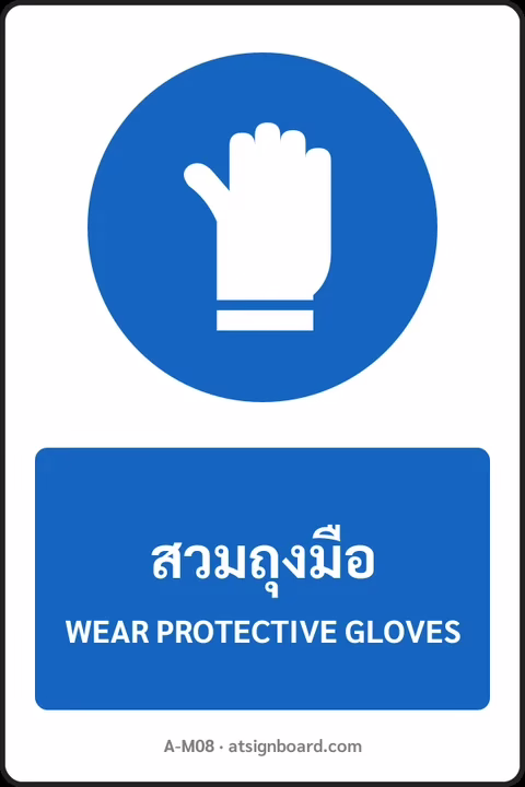 ป้ายบังคับ สวมถุงมือ WEAR PROTECTIVE GLOVES รหัส A-M08 แอทไซน์บอร์ด หาดใหญ่