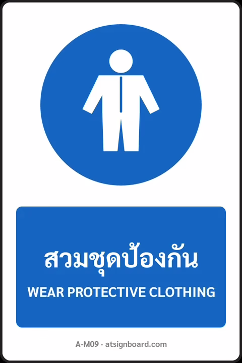 ป้ายบังคับ สวมชุดป้องกัน WEAR PROTECTIVE CLOTHING รหัส A-M09 แอทไซน์บอร์ด หาดใหญ่