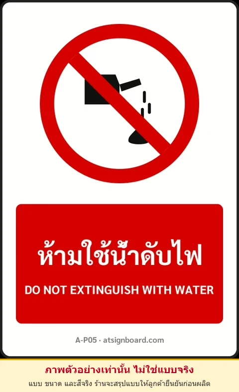 ป้ายห้าม ห้ามใช้น้ำดับไฟ DO NOT EXTINGUISH WITH WATER รหัส A-P05 แอทไซน์บอร์ด หาดใหญ่ (ภาพตัวอย่าง)