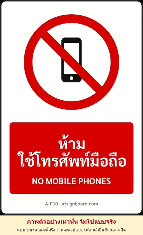ป้ายห้าม ห้ามใช้โทรศัพท์มือถือ NO MOBILE PHONES รหัส A-P10 แอทไซน์บอร์ด หาดใหญ่ (ภาพตัวอย่าง)