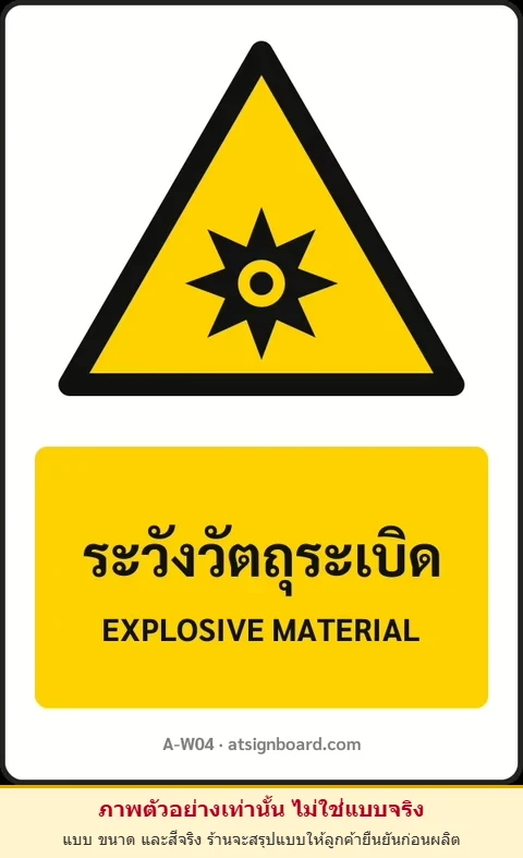 ป้ายเตือน ระวังวัตถุระเบิด EXPLOSIVE MATERIAL รหัส A-W04 แอทไซน์บอร์ด หาดใหญ่ (ภาพตัวอย่าง)