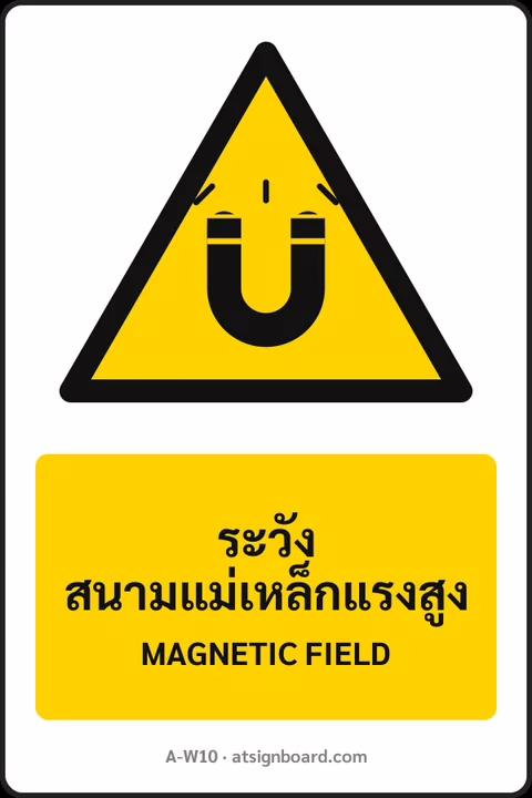 ป้ายเตือน ระวังสนามแม่เหล็กแรงสูง MAGNETIC FIELD รหัส A-W10 แอทไซน์บอร์ด หาดใหญ่