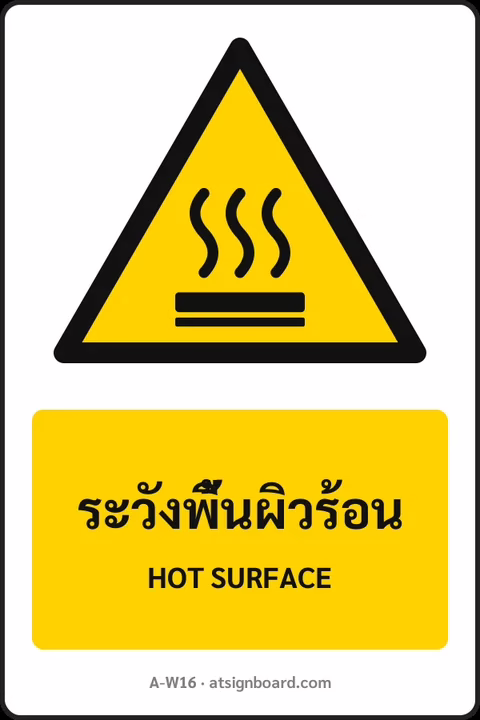 ป้ายเตือน ระวังพื้นผิวร้อน HOT SURFACE รหัส A-W16 แอทไซน์บอร์ด หาดใหญ่
