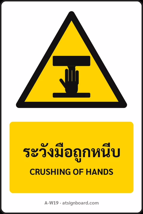 ป้ายเตือน ระวังมือถูกหนีบ CRUSHING OF HANDS รหัส A-W19 แอทไซน์บอร์ด หาดใหญ่