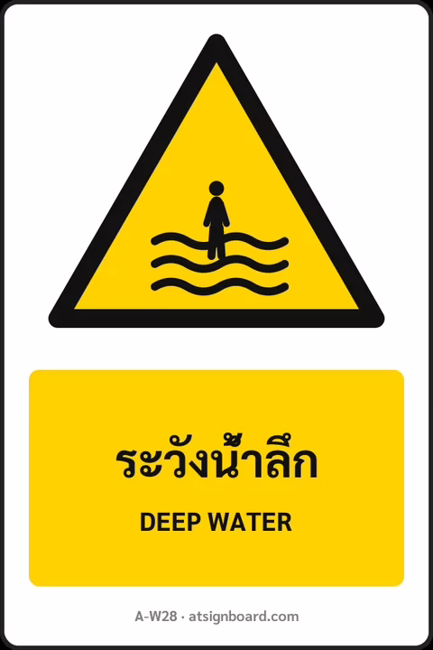 ป้ายเตือน ระวังน้ำลึก DEEP WATER รหัส A-W28 แอทไซน์บอร์ด หาดใหญ่