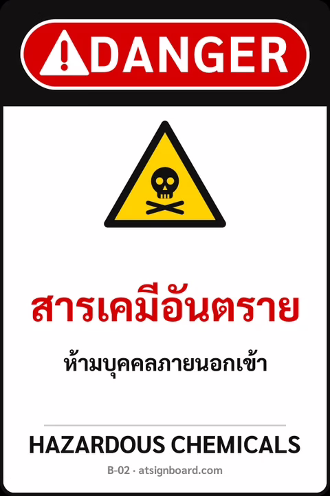 ป้ายเซฟตี้ DANGER สารเคมีอันตราย HAZARDOUS CHEMICALS รหัส B-02 แอทไซน์บอร์ด หาดใหญ่