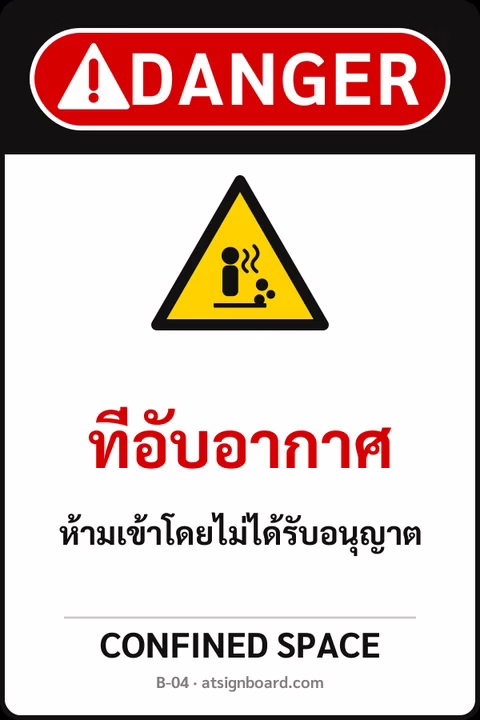 ป้ายเซฟตี้ DANGER ที่อับอากาศ CONFINED SPACE รหัส B-04 แอทไซน์บอร์ด หาดใหญ่