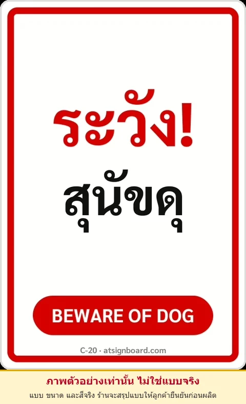 ป้ายข้อความ ระวัง! สุนัขดุ BEWARE OF DOG รหัส C-20 แอทไซน์บอร์ด หาดใหญ่ (ภาพตัวอย่าง)
