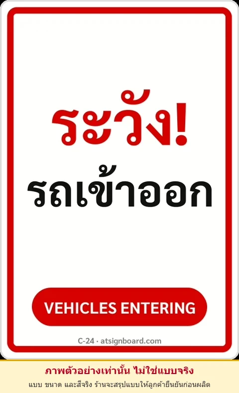 ป้ายข้อความ ระวัง! รถเข้าออก VEHICLES ENTERING รหัส C-24 แอทไซน์บอร์ด หาดใหญ่ (ภาพตัวอย่าง)