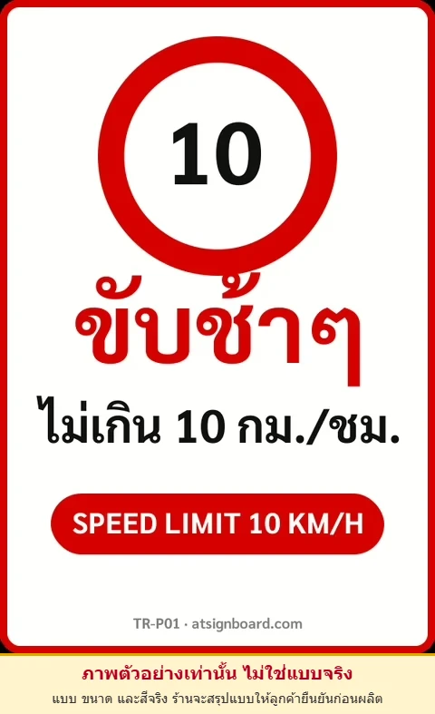 ป้ายจราจรในหมู่บ้าน โรงงาน ขับช้าๆ ไม่เกิน 10 กม./ชม. SPEED LIMIT 10 KM/H รหัส TR-P01 ป้ายจราจรสะท้อนแสง แอทไซน์บอร์ด หาดใหญ่ (ภาพตัวอย่าง)