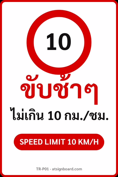 ป้ายจราจรในหมู่บ้าน โรงงาน ขับช้าๆ ไม่เกิน 10 กม./ชม. SPEED LIMIT 10 KM/H รหัส TR-P01 ป้ายจราจรสะท้อนแสง แอทไซน์บอร์ด หาดใหญ่