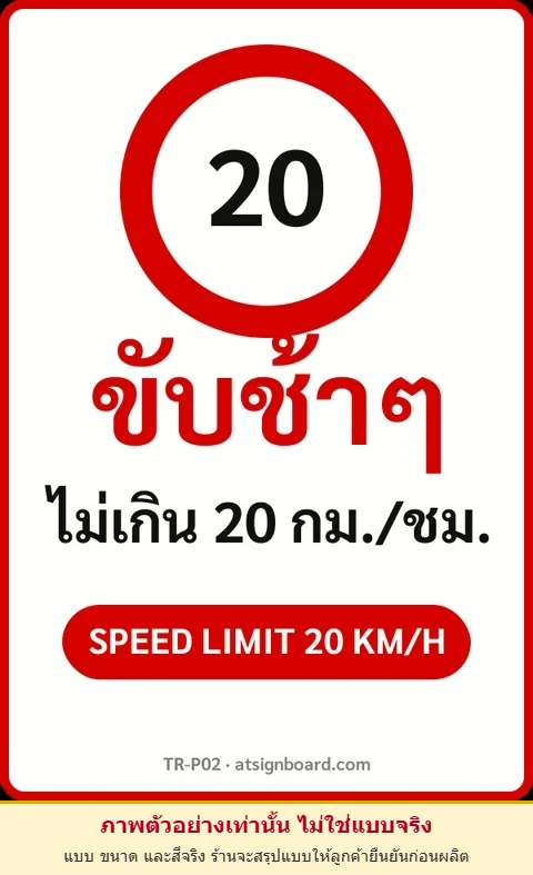 ป้ายจราจรในหมู่บ้าน โรงงาน ขับช้าๆ ไม่เกิน 20 กม./ชม. SPEED LIMIT 20 KM/H รหัส TR-P02 ป้ายจราจรสะท้อนแสง แอทไซน์บอร์ด หาดใหญ่ (ภาพตัวอย่าง)