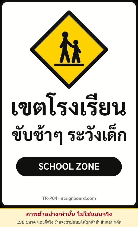 ป้ายจราจรในหมู่บ้าน โรงงาน เขตโรงเรียน ขับช้าๆ ระวังเด็ก SCHOOL ZONE รหัส TR-P04 ป้ายจราจรสะท้อนแสง แอทไซน์บอร์ด หาดใหญ่ (ภาพตัวอย่าง)