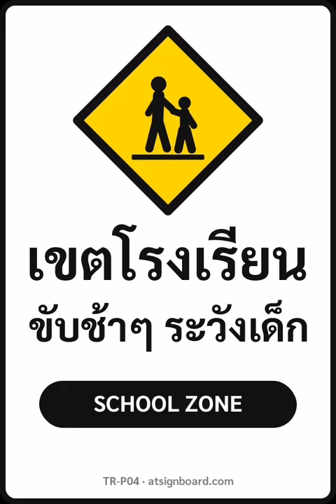 ป้ายจราจรในหมู่บ้าน โรงงาน เขตโรงเรียน ขับช้าๆ ระวังเด็ก SCHOOL ZONE รหัส TR-P04 ป้ายจราจรสะท้อนแสง แอทไซน์บอร์ด หาดใหญ่