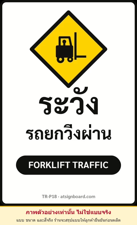 ป้ายจราจรในหมู่บ้าน โรงงาน ระวัง รถยกวิ่งผ่าน FORKLIFT TRAFFIC รหัส TR-P18 ป้ายจราจรสะท้อนแสง แอทไซน์บอร์ด หาดใหญ่ (ภาพตัวอย่าง)