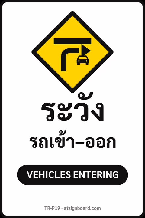 ป้ายจราจรในหมู่บ้าน โรงงาน ระวัง รถเข้า–ออก VEHICLES ENTERING รหัส TR-P19 ป้ายจราจรสะท้อนแสง แอทไซน์บอร์ด หาดใหญ่