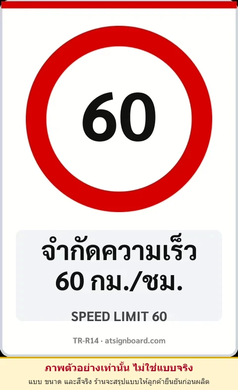 ป้ายบังคับ จำกัดความเร็ว 60 กม./ชม. SPEED LIMIT 60 รหัส TR-R14 ป้ายจราจรสะท้อนแสง แอทไซน์บอร์ด หาดใหญ่ (ภาพตัวอย่าง)