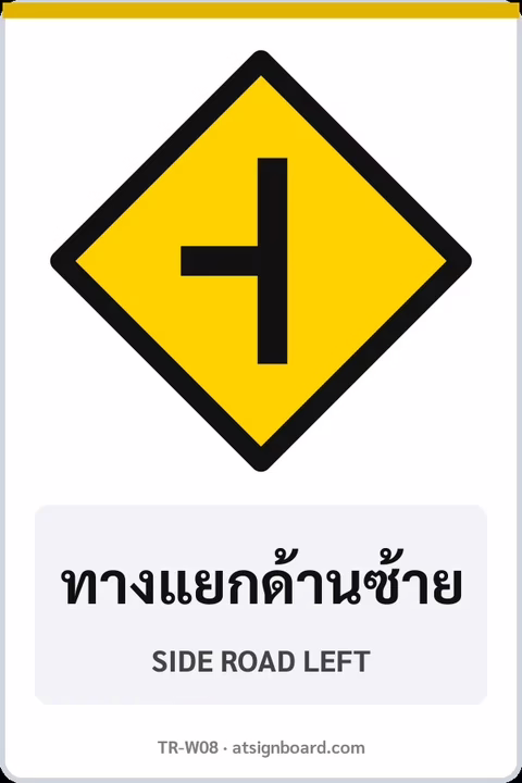ป้ายเตือน ทางแยกด้านซ้าย SIDE ROAD LEFT รหัส TR-W08 ป้ายจราจรสะท้อนแสง แอทไซน์บอร์ด หาดใหญ่