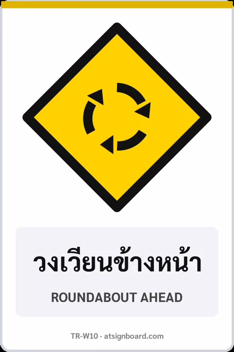 ป้ายเตือน วงเวียนข้างหน้า ROUNDABOUT AHEAD รหัส TR-W10 ป้ายจราจรสะท้อนแสง แอทไซน์บอร์ด หาดใหญ่