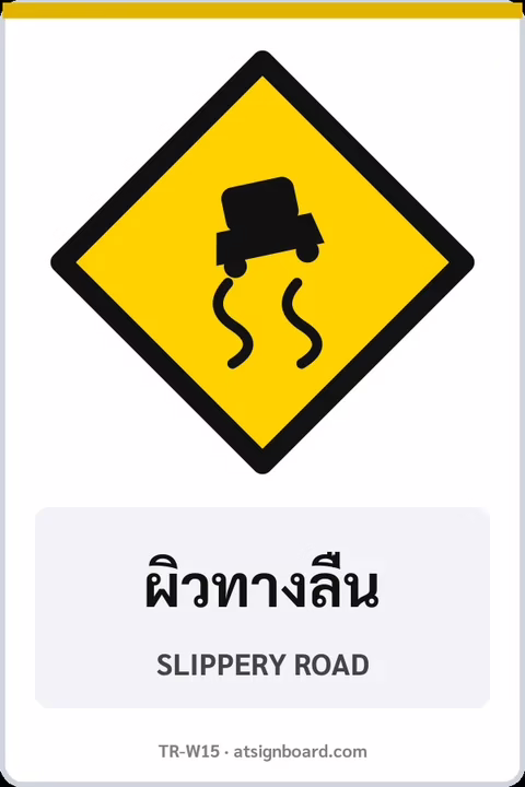 ป้ายเตือน ผิวทางลื่น SLIPPERY ROAD รหัส TR-W15 ป้ายจราจรสะท้อนแสง แอทไซน์บอร์ด หาดใหญ่